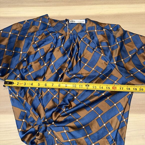 Zara Blue Brown Printed Long Sleeve Keyhole Back Blouse Women's Small S - Picture 7 of 8
